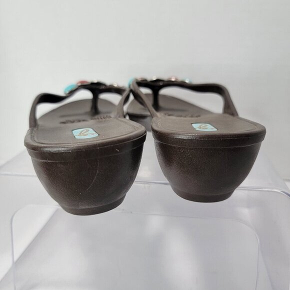 OKAL Womens Sandals Flip Flop‎ Thong Sz M/L Brown Turquoise Red Beach Boho Artsy - Picture 5 of 9